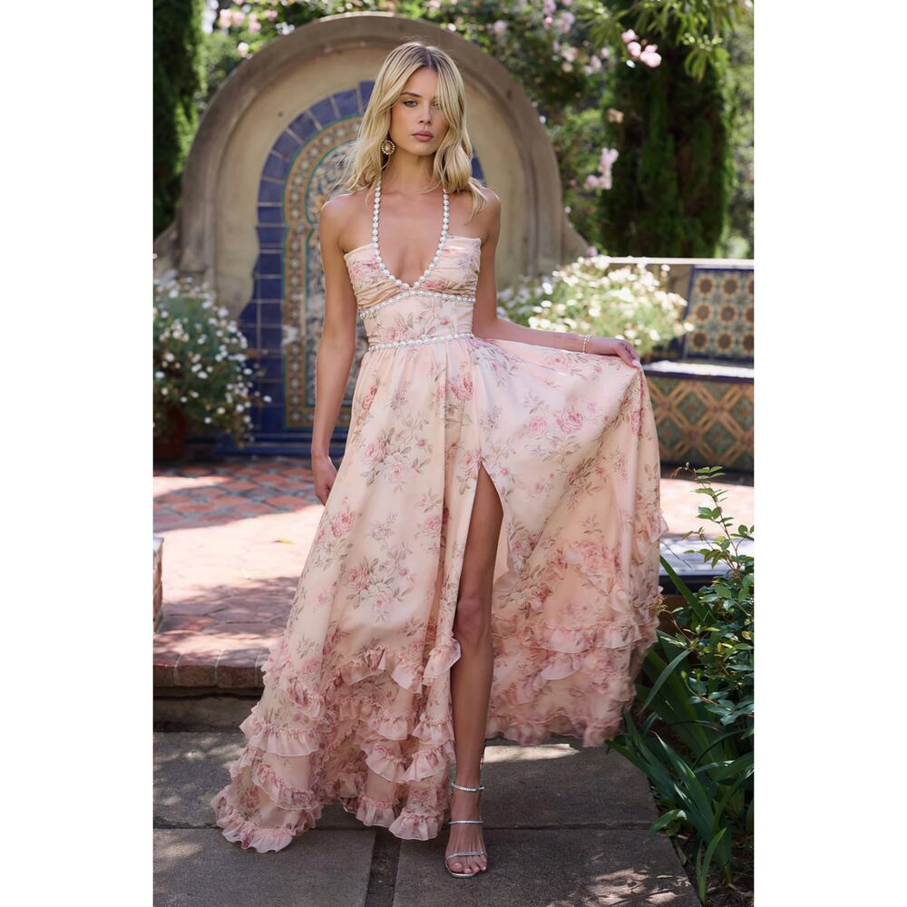 8 10 M sexy ruffle pearls maxi corset floral rose pink halter deep v sundress
